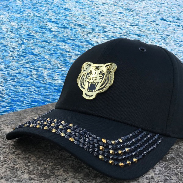 RICALYCE BLACK AND GOLD SWAROVSKI CRYSTAL TIGER CAP